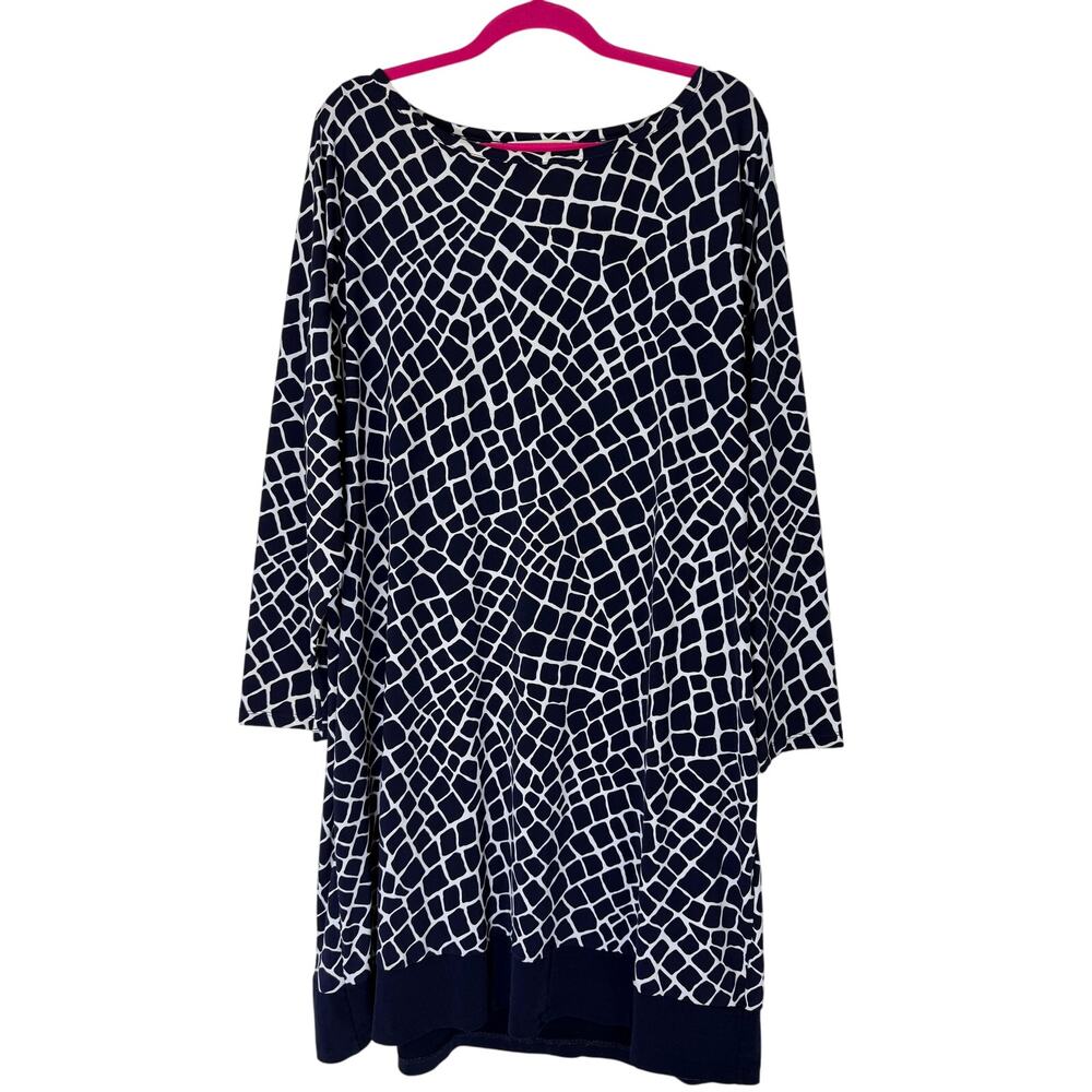 Michael Kors Navy Blue & White Stretchy Long Sleeve Boat Neck Midi Dress Size 3X